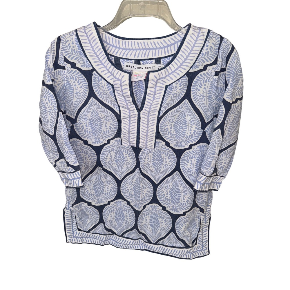 Gretchen Scott women's tunic top XS blue white geometric pattern cotton